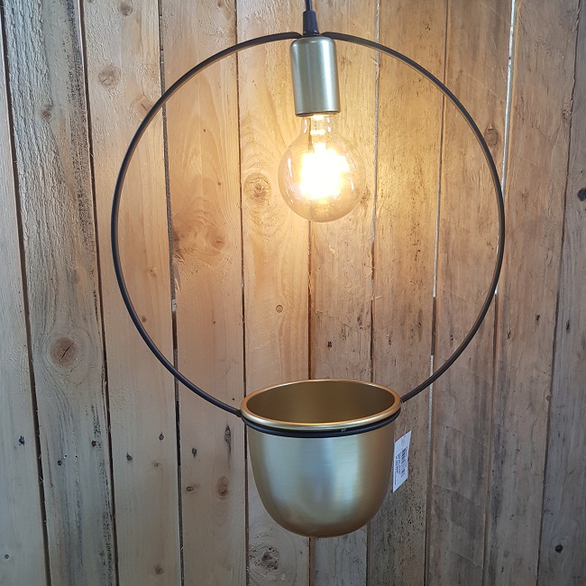 Hanglamp Pot met goud rond zwart/goud metaal met pot 12 cm